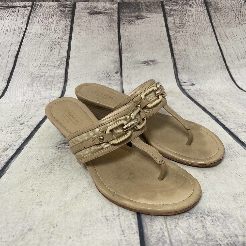 Coach Shoes Womens 6M Virginia Sandals Slip on Beige Tan Wedge Logo‎ Chain